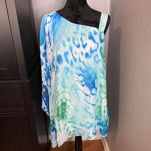 Dennis Basso Blouse Size 18W One Shoulder Asymmetrical Top Blue Green Flowy Chic